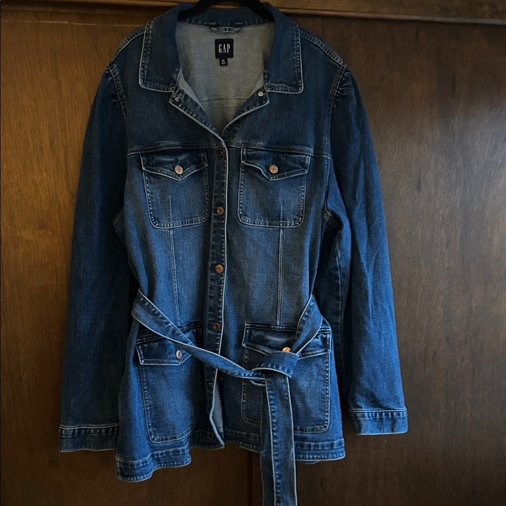 GAP Blue Retro style long Denim Belted Jacket